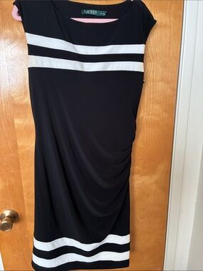Ralph Lauren Black Midi Dress with White Stripes Sz 16